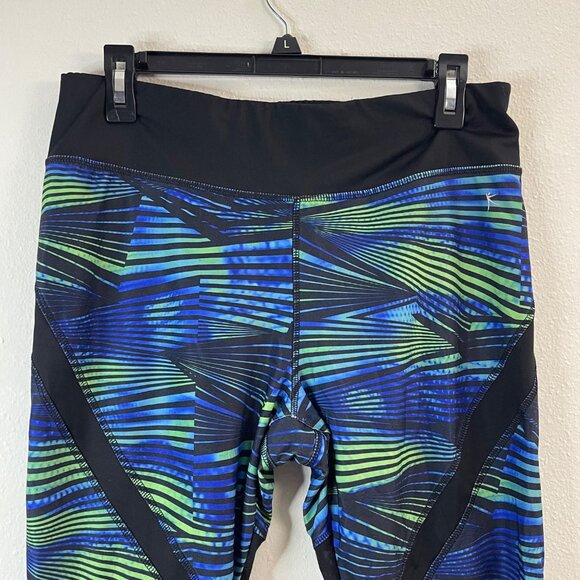 Womens Capri Leggings Blue/Green Striped Pattern With Black Mesh Panels Size L - Picture 3 of 11